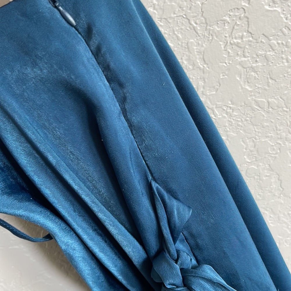 JOA | FALL IN LOVE TEAL BLUE SATIN MIDI WRAP DRESS - Picture 9 of 10